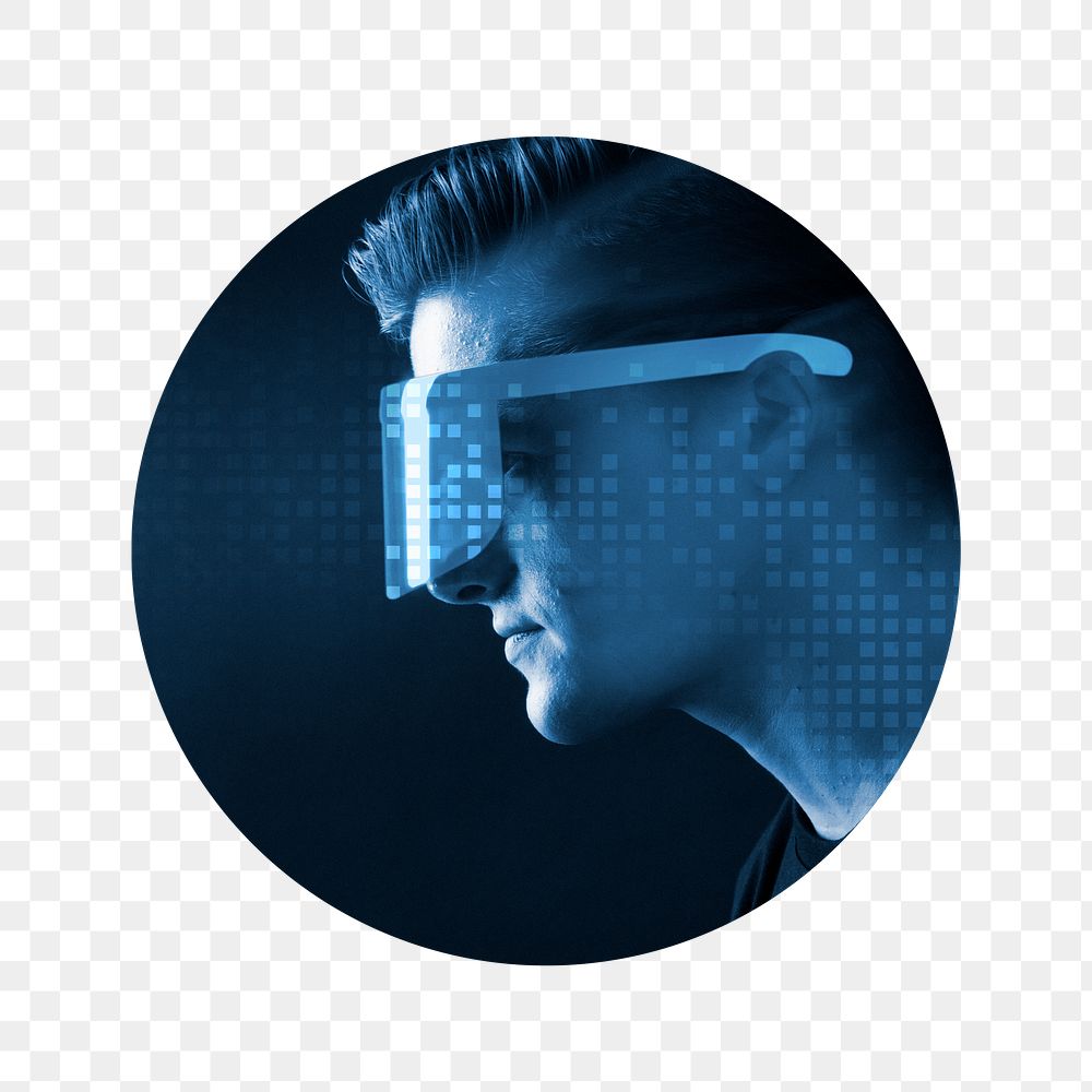 Smart glasses png badge sticker, futuristic technology remixed media photo, transparent background