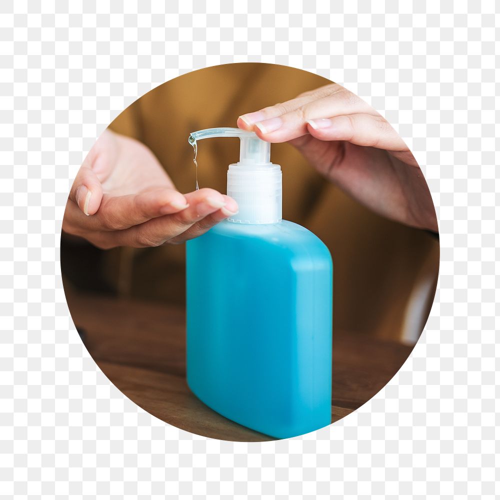 Hand sanitizer png badge sticker, COVID-19 safety photo, transparent background