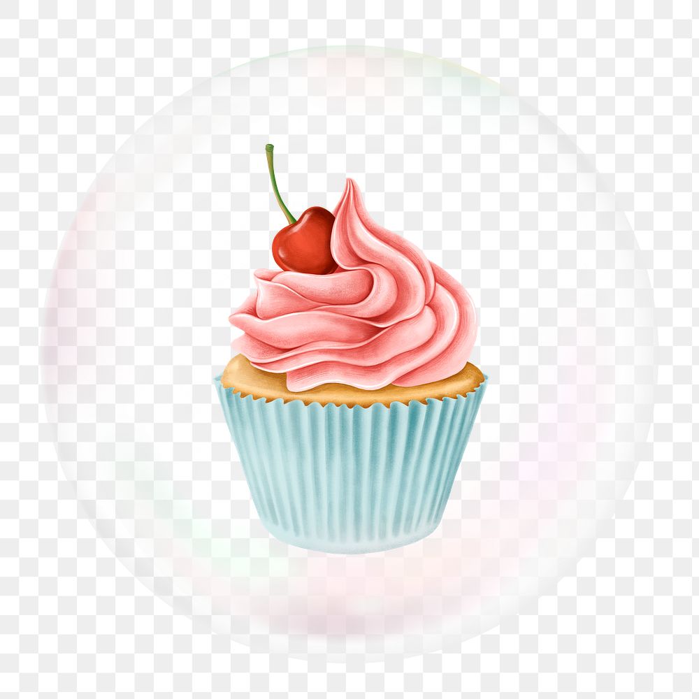 Cherry cupcake png sticker, dessert in bubble, transparent background