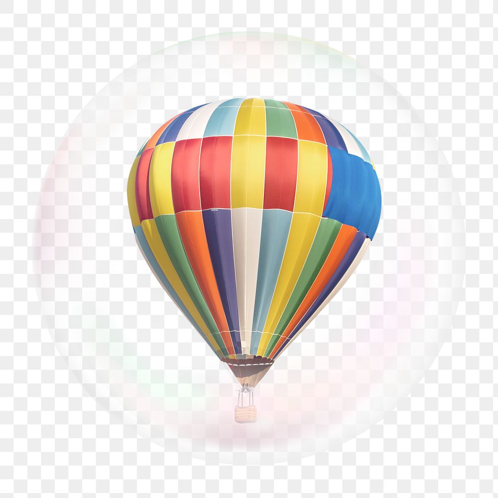 Png hot air balloon sticker, vehicle in bubble, travel graphic, transparent background