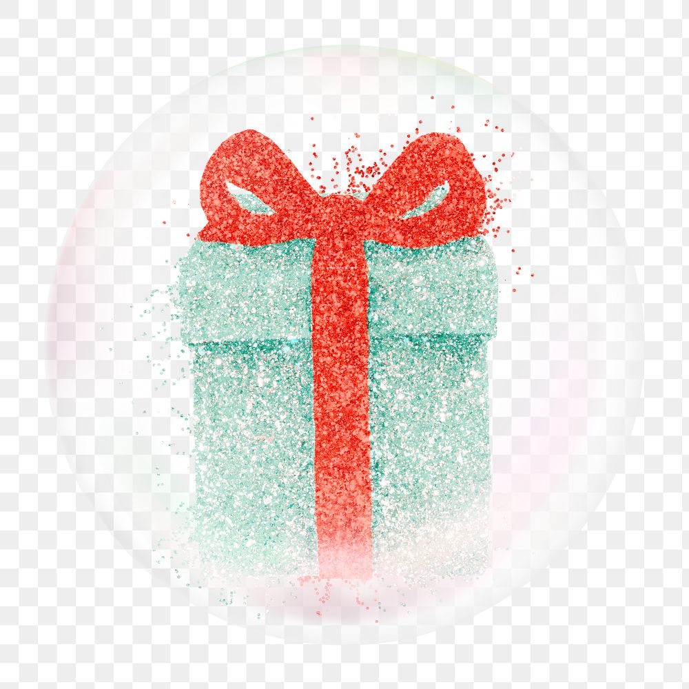 Christmas present png sticker, glittery object in bubble, transparent background