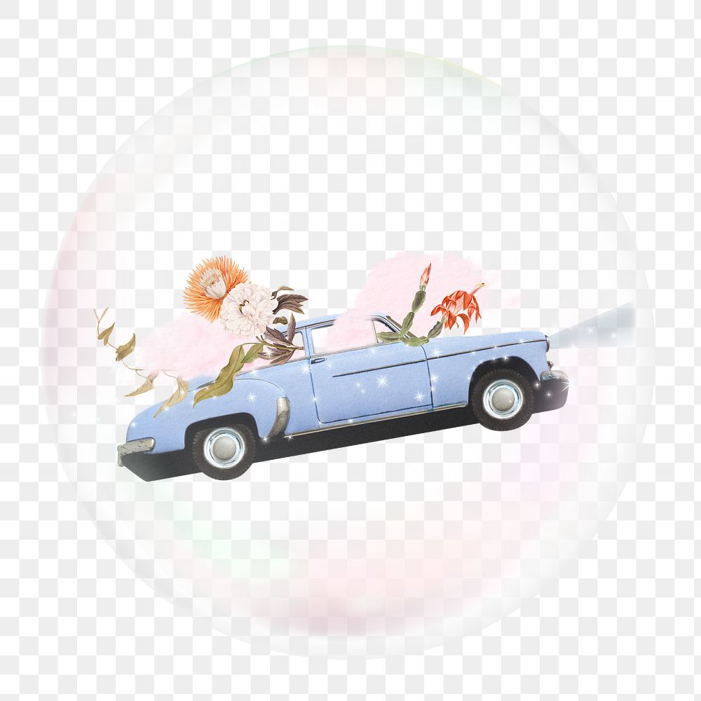 Png surreal flying car sticker, vehicle in bubble, travel graphic, transparent background