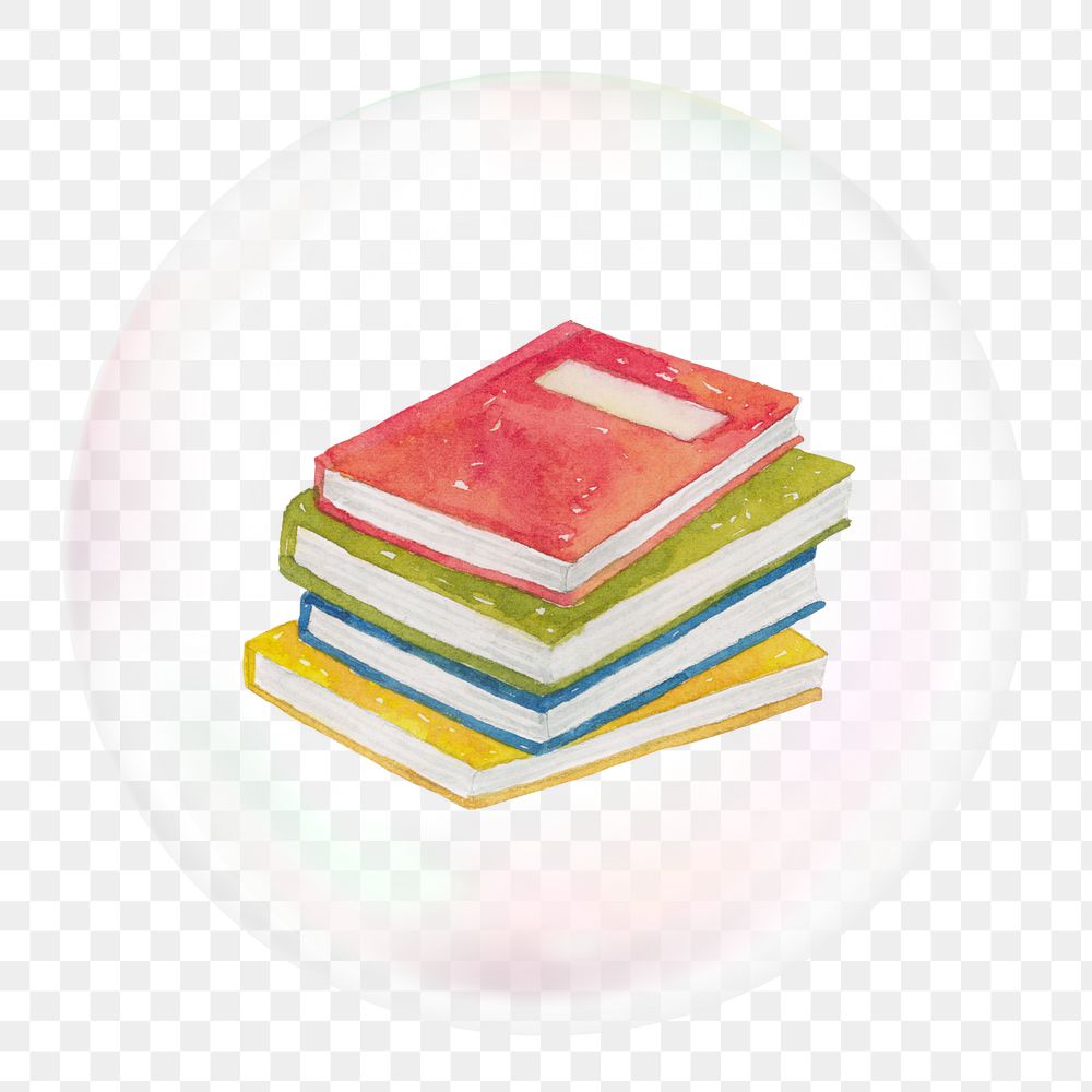 Png watercolor stacked books sticker, education bubble concept art, transparent background