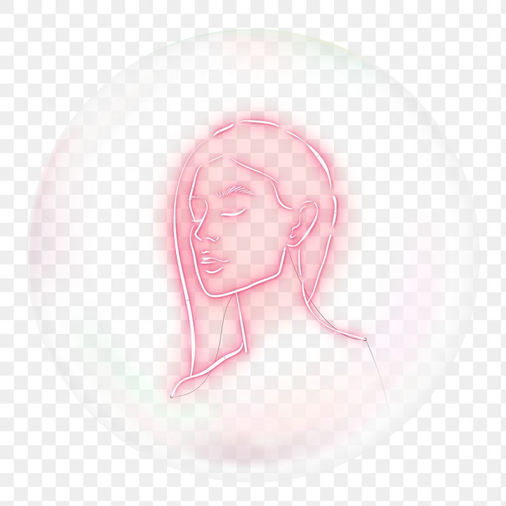Woman portrait png sticker, neon line art in bubble, transparent background