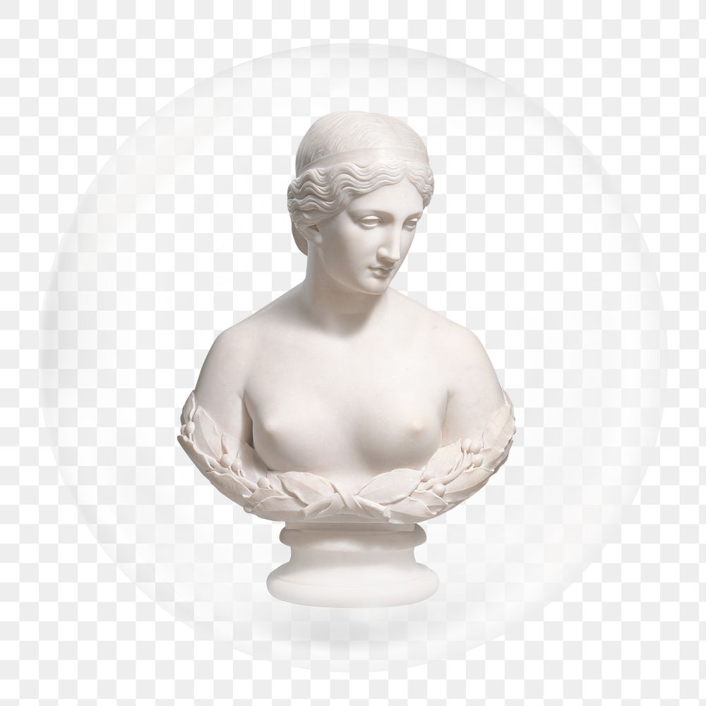 Nude Greek goddess png sticker, marble statue in bubble, transparent background