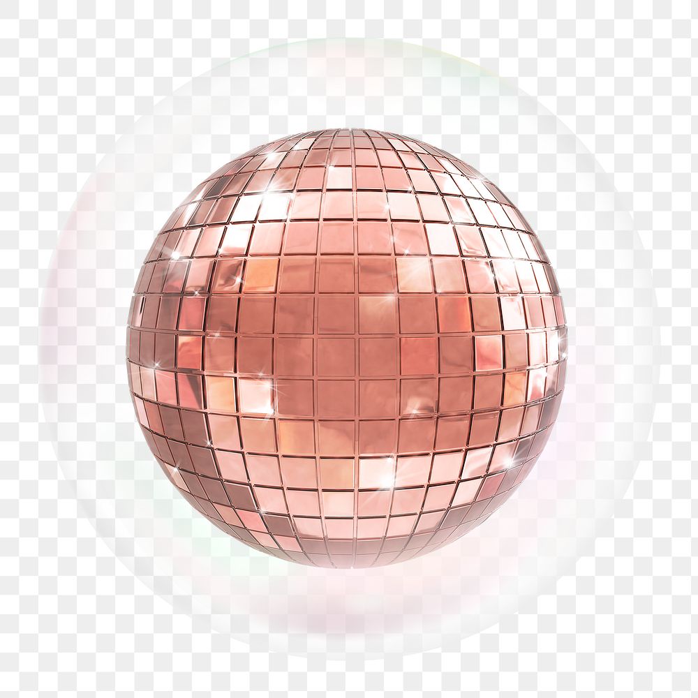 Png rose gold disco  ball sticker, party decor in bubble, transparent background
