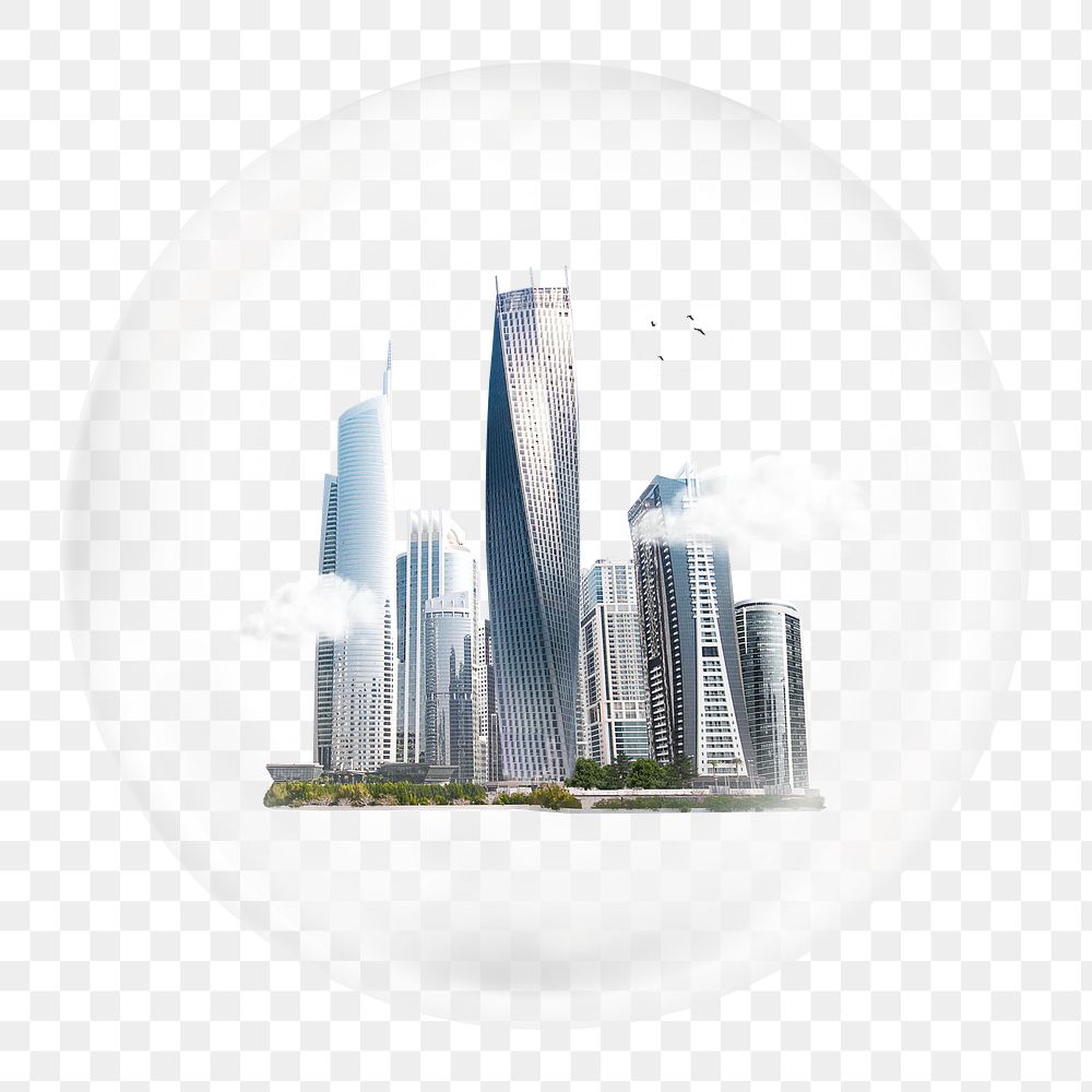Cityscape png in bubble sticker, smart city concept art, transparent background