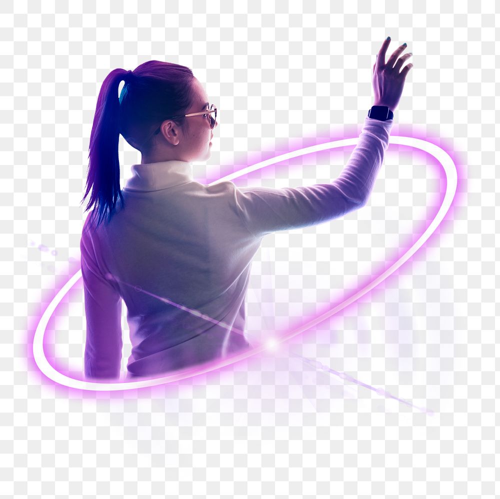 Woman png smart glasses, metaverse technology, augmented reality digital sticker in transparent background