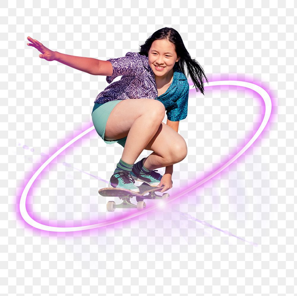 Girl skateboarding png, sports technology digital sticker in transparent background