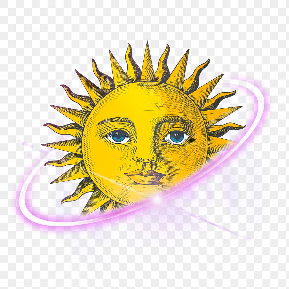PNG vintage sun face, technology digital sticker in transparent background