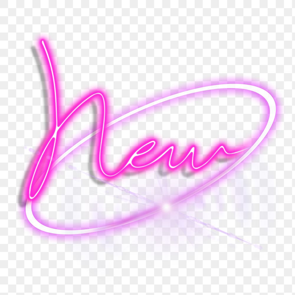New word png, pink neon feminine cursive digital sticker in transparent background