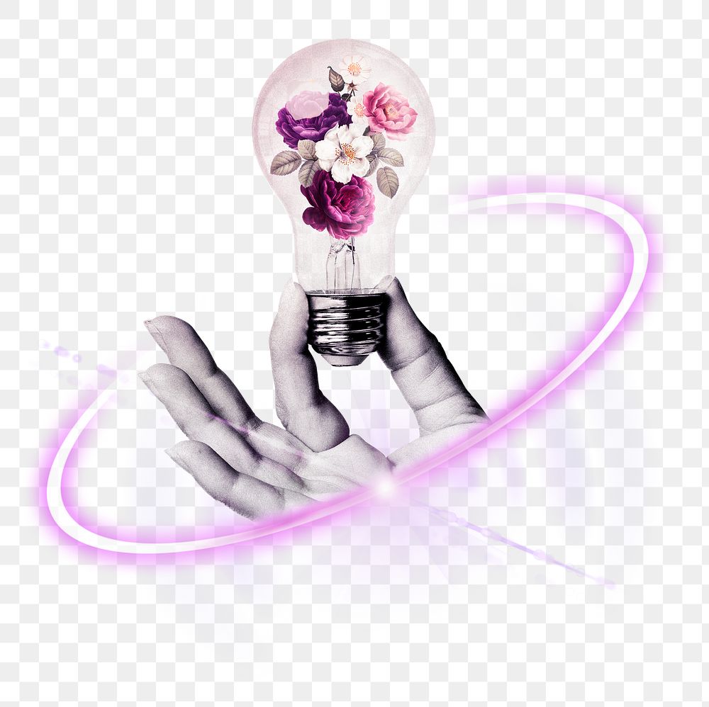 PNG lightbulb with flower, sustainable energy technology digital sticker in transparent background