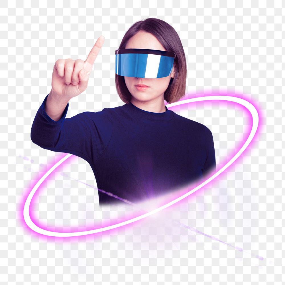 Futuristic woman png touching screen, augmented reality technology digital sticker in transparent background