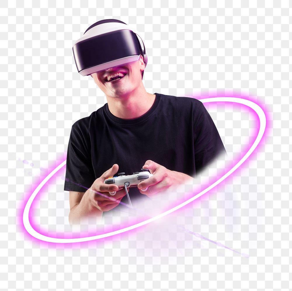 PNG gamer in VR headset, virtual reality technology digital sticker in transparent background