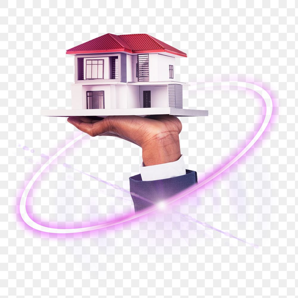 PNG real estate business, businessman holding a home model, digital sticker in transparent background