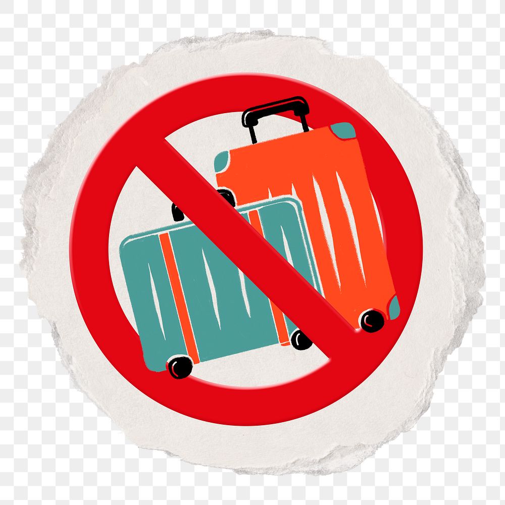 No luggage png symbol, forbidden sign on transparent background, ripped paper badge