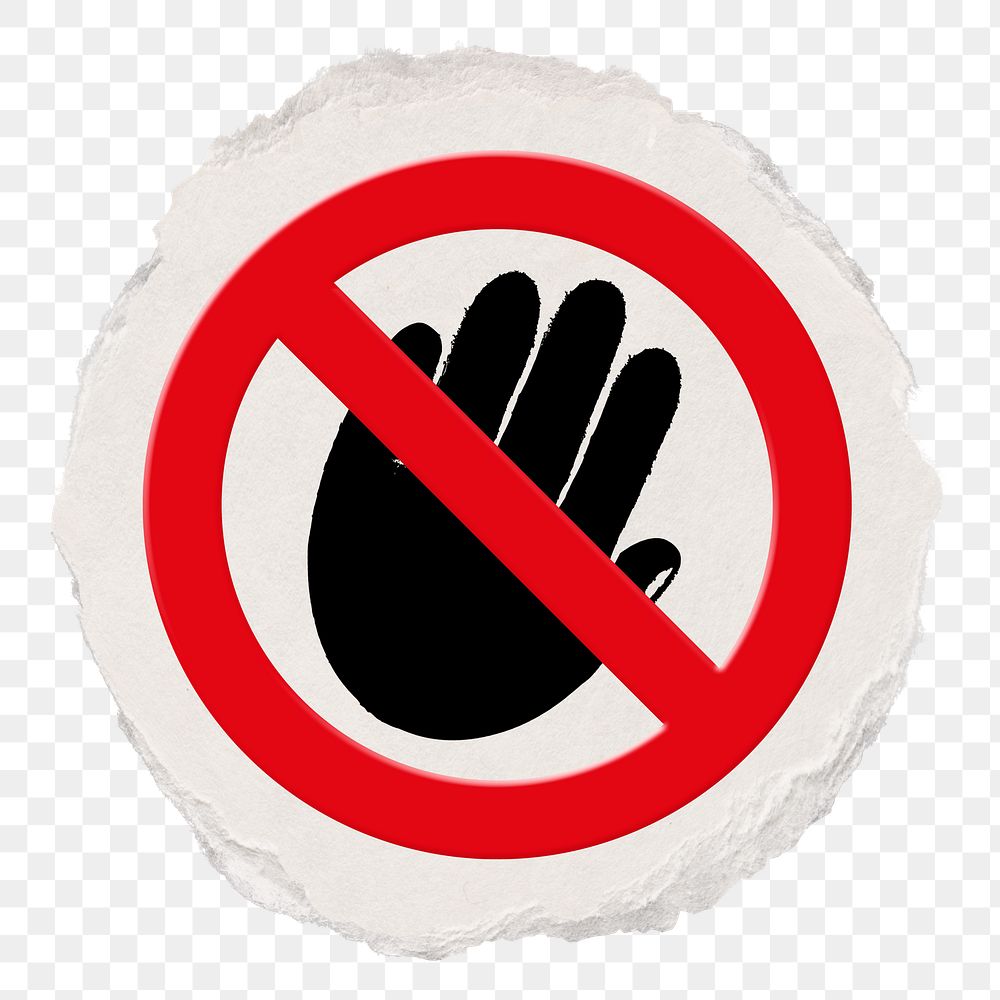 No hand png symbol, forbidden sign on transparent background, ripped paper badge
