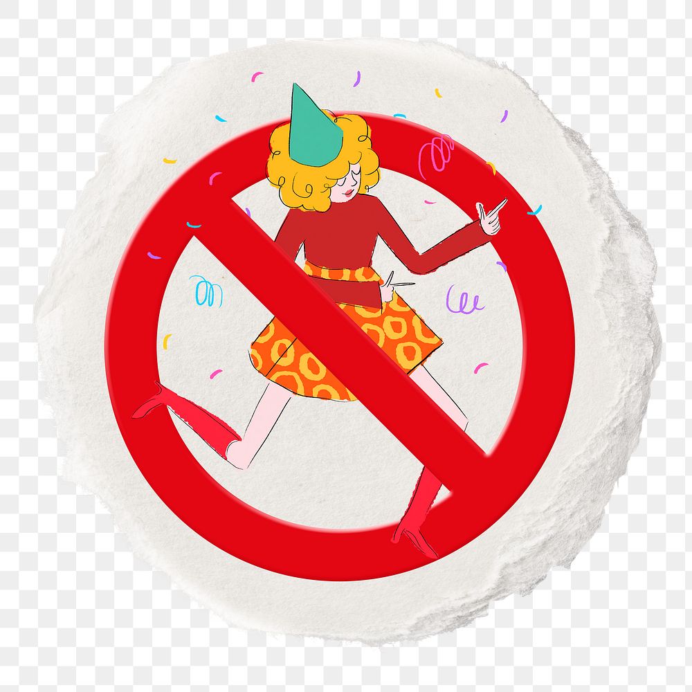 No dancing png symbol, forbidden sign on transparent background, ripped paper badge