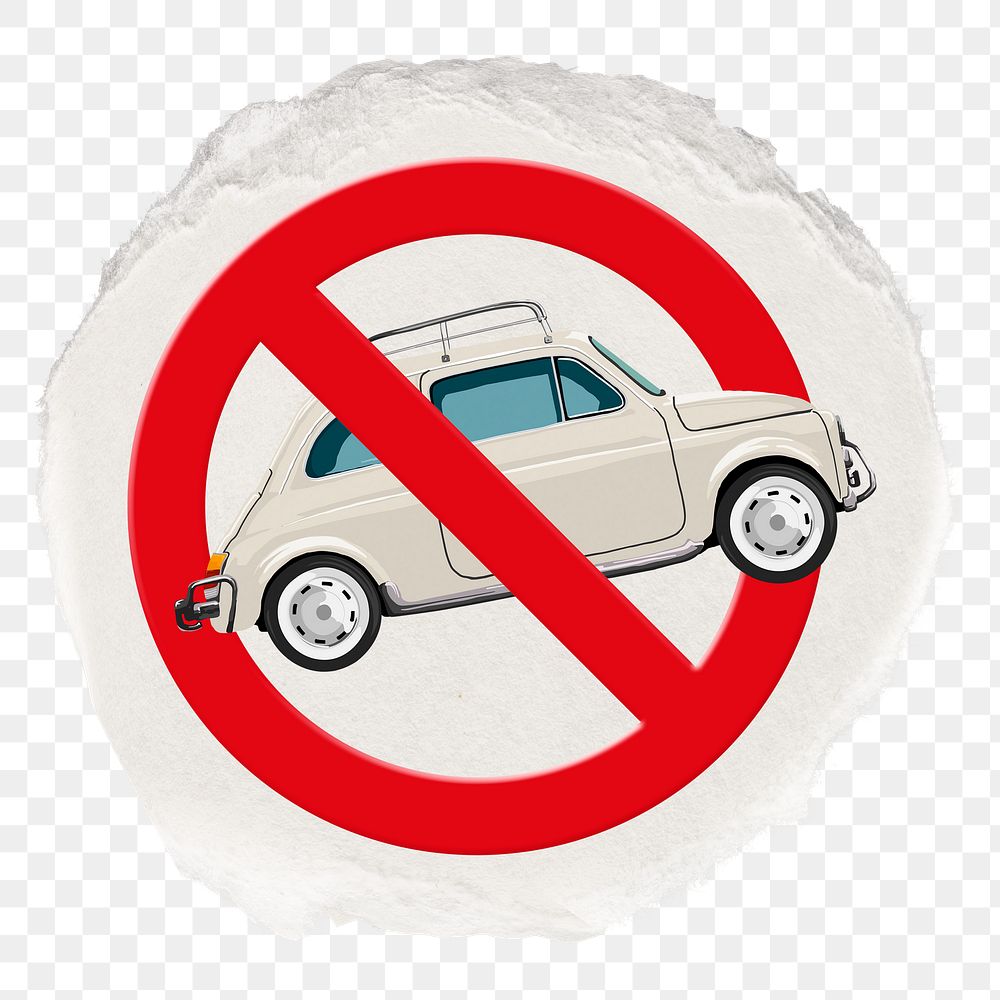 No car png symbol, forbidden sign on transparent background, ripped paper badge