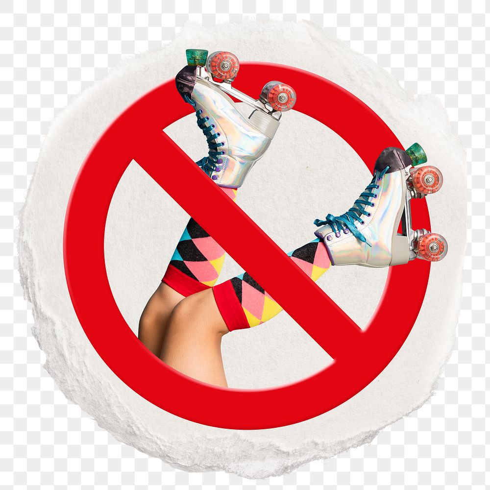 Forbidden sign png sticker, no roller skate, transparent background, ripped paper badge