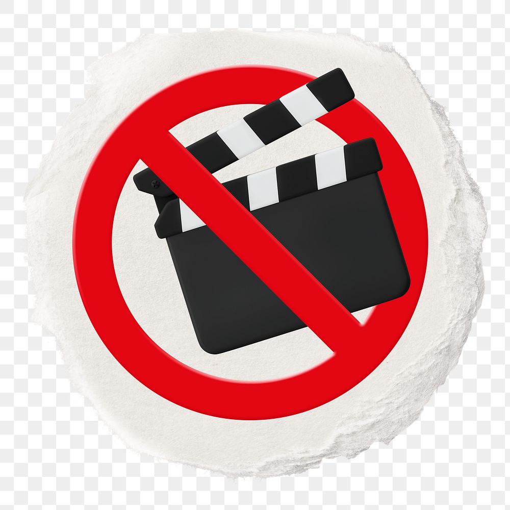 No clapboard png symbol, forbidden sign on transparent background, ripped paper badge