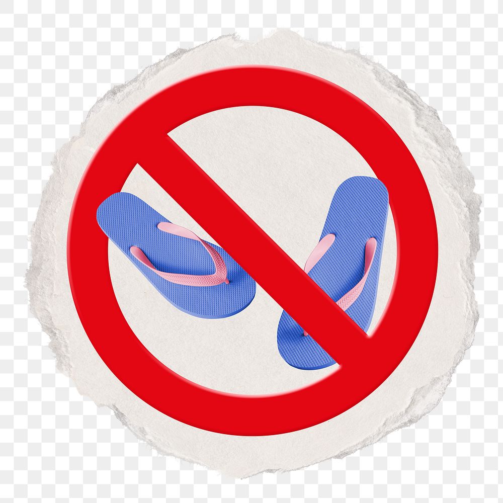 No flip flops png sticker, forbidden sign on transparent background, ripped paper badge