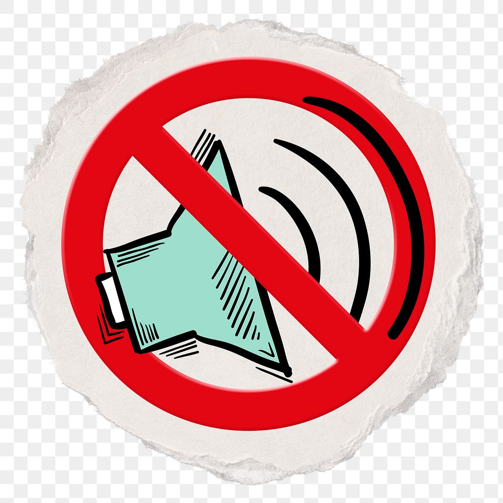 No noise png symbol, forbidden sign on transparent background, ripped paper badge