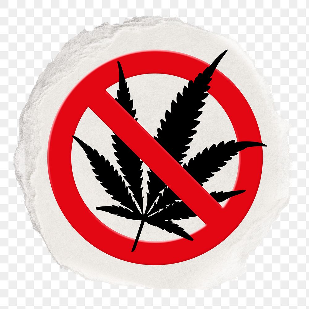 No drug png symbol, forbidden sign on transparent background, ripped paper badge