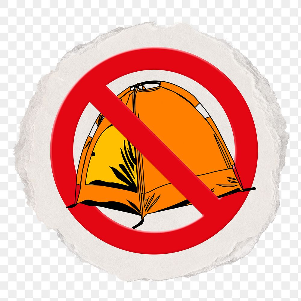 No tent png symbol, forbidden sign on transparent background, ripped paper badge