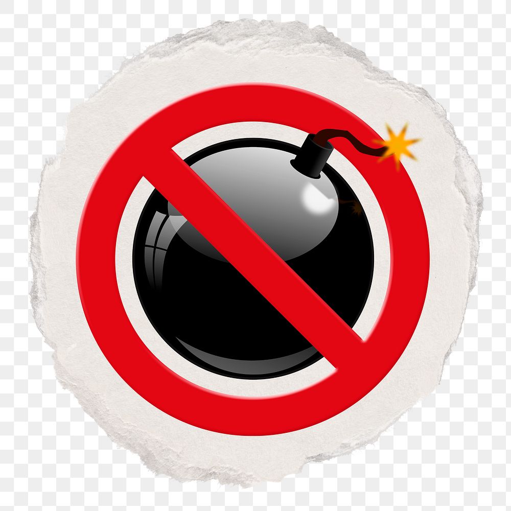No bomb png symbol, forbidden sign on transparent background, ripped paper badge