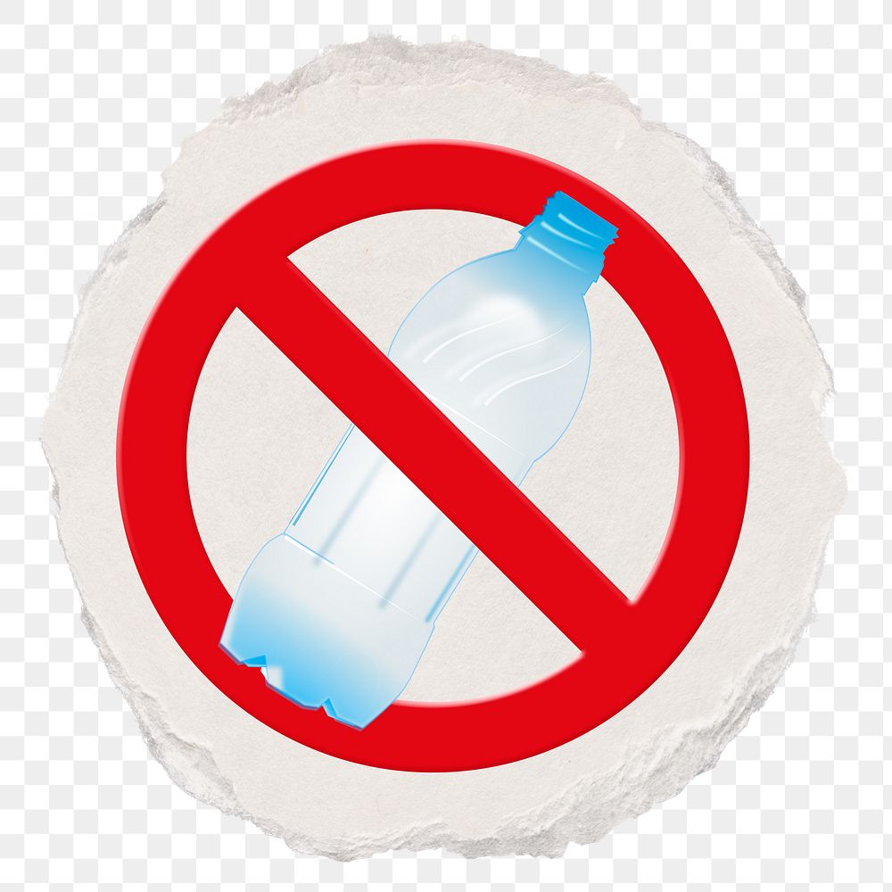 No plastic bottle png sticker, forbidden sign on transparent background, ripped paper badge