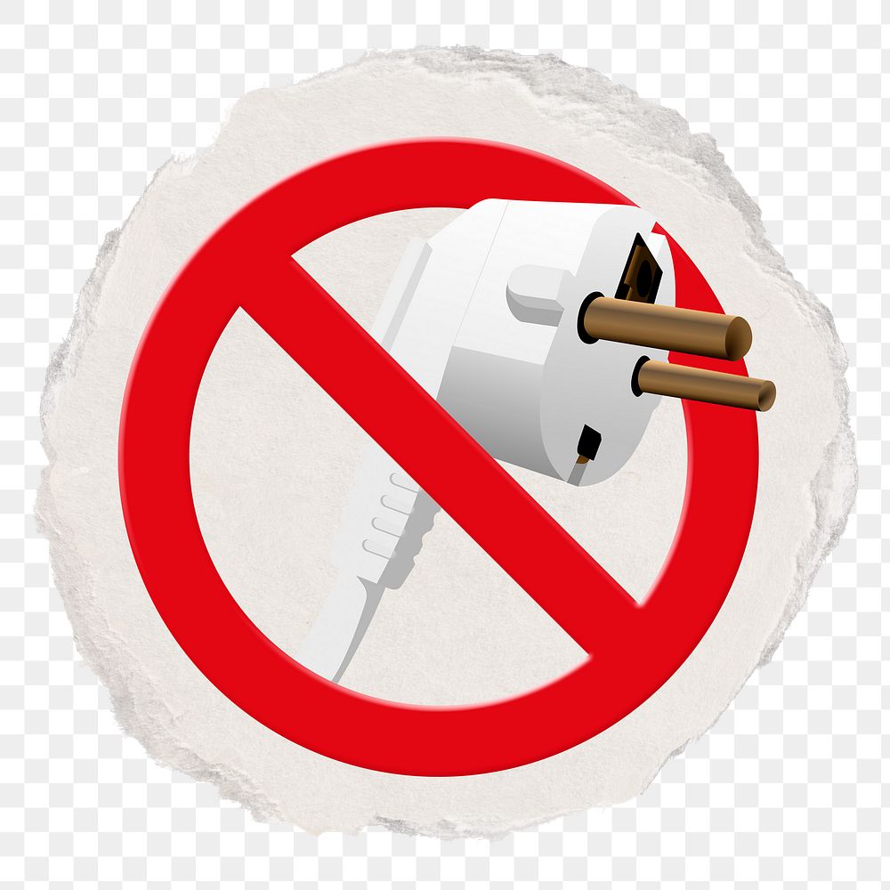 No plug png symbol, forbidden sign on transparent background, ripped paper badge