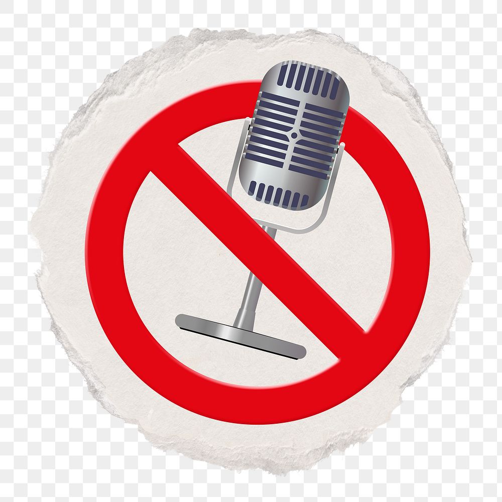 No microphone png symbol, forbidden sign on transparent background, ripped paper badge