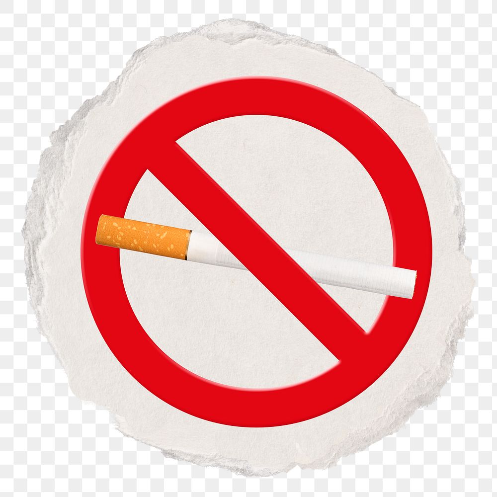 No smoking png sticker, forbidden sign on transparent background, ripped paper badge