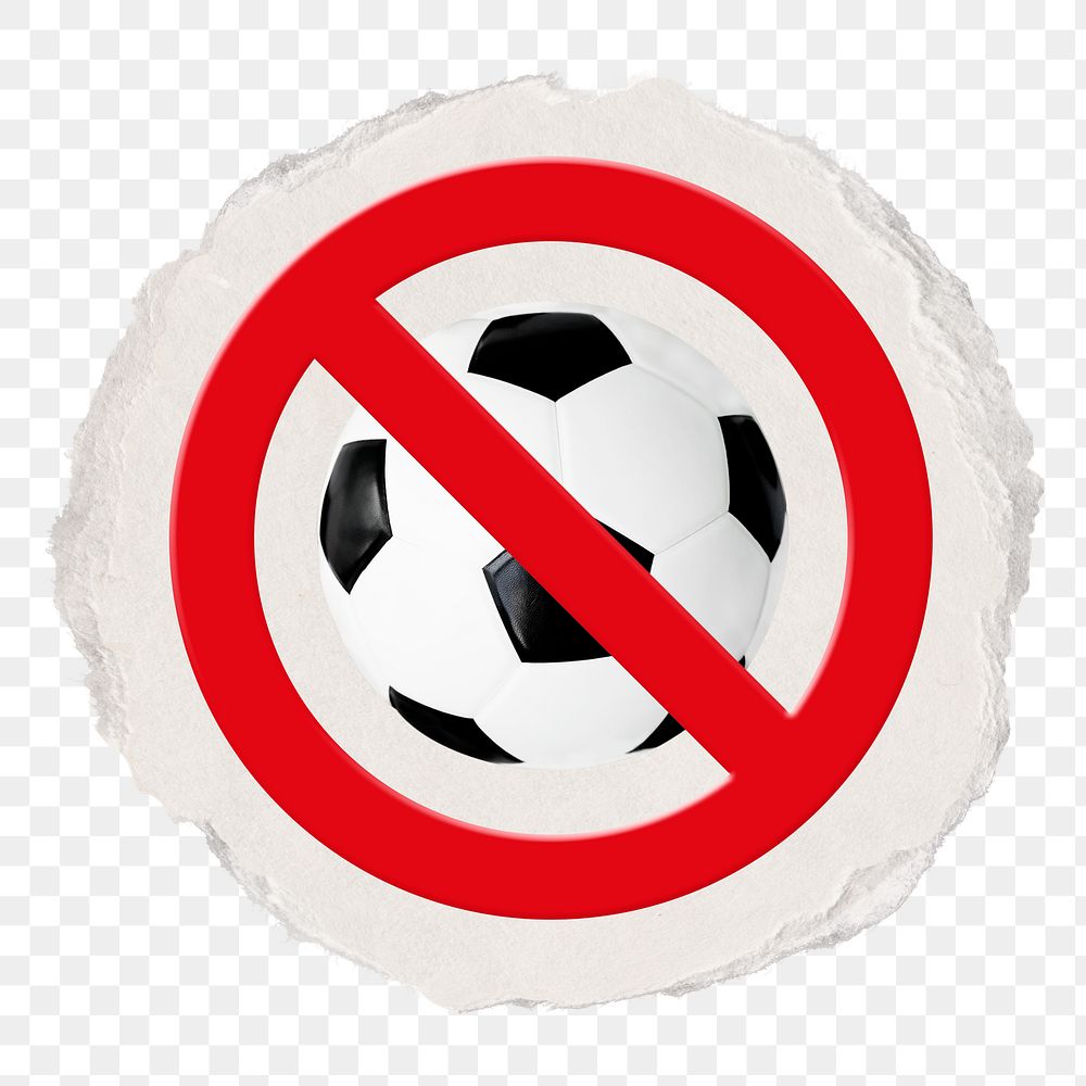 No football png symbol, forbidden sign on transparent background, ripped paper badge