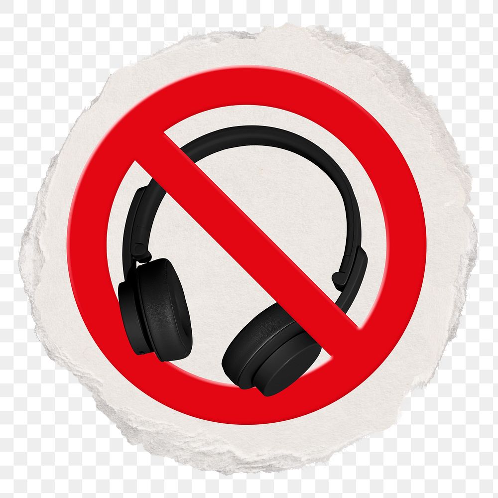No headphones png symbol, forbidden sign on transparent background, ripped paper badge