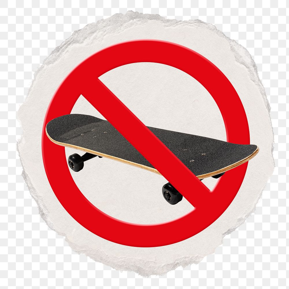 No skating png symbol, forbidden sign on transparent background, ripped paper badge