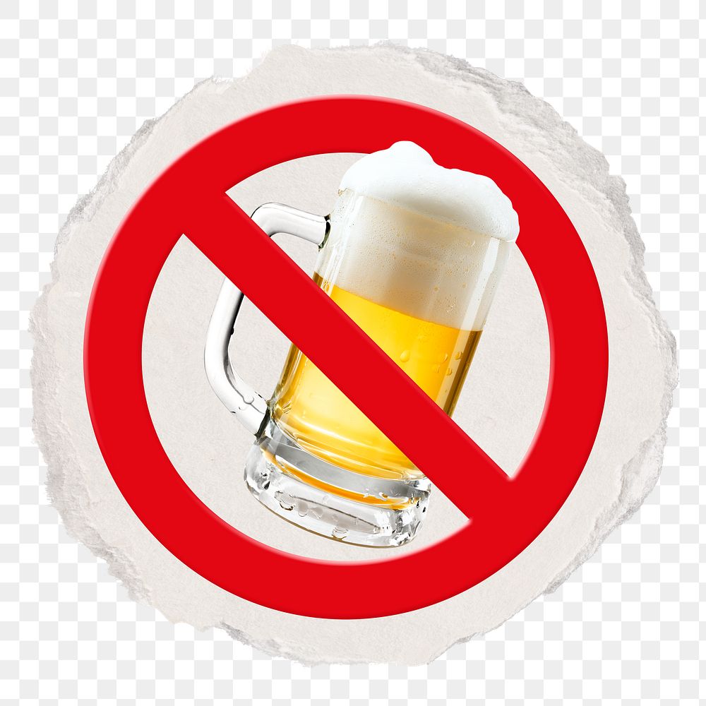 No alcohol png symbol, forbidden sign on transparent background, ripped paper badge