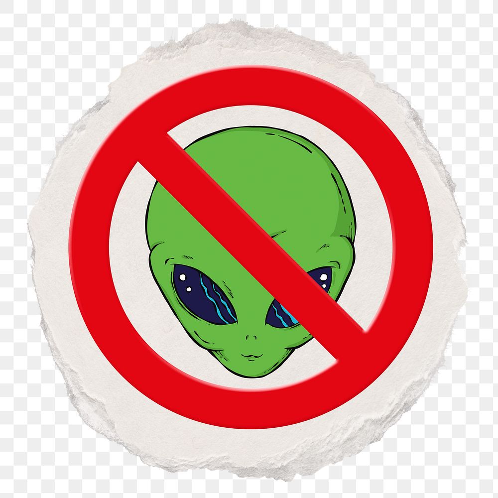 No alien png symbol, forbidden sign on transparent background, ripped paper badge