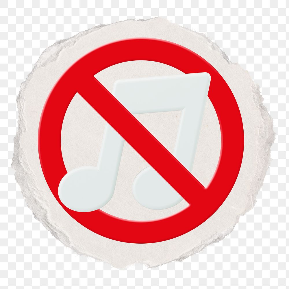 No music png symbol, forbidden sign on transparent background, ripped paper badge