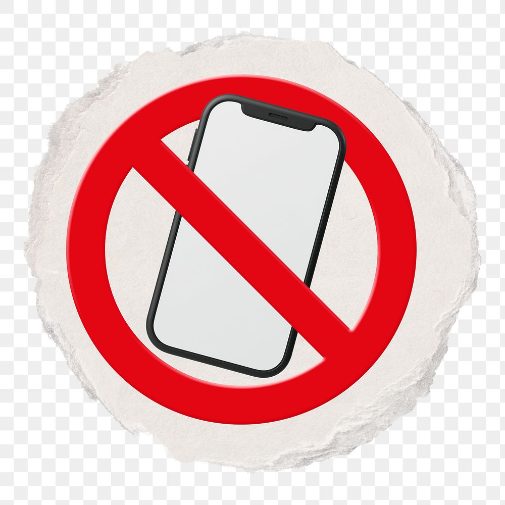 No phone png symbol, forbidden sign on transparent background, ripped paper badge