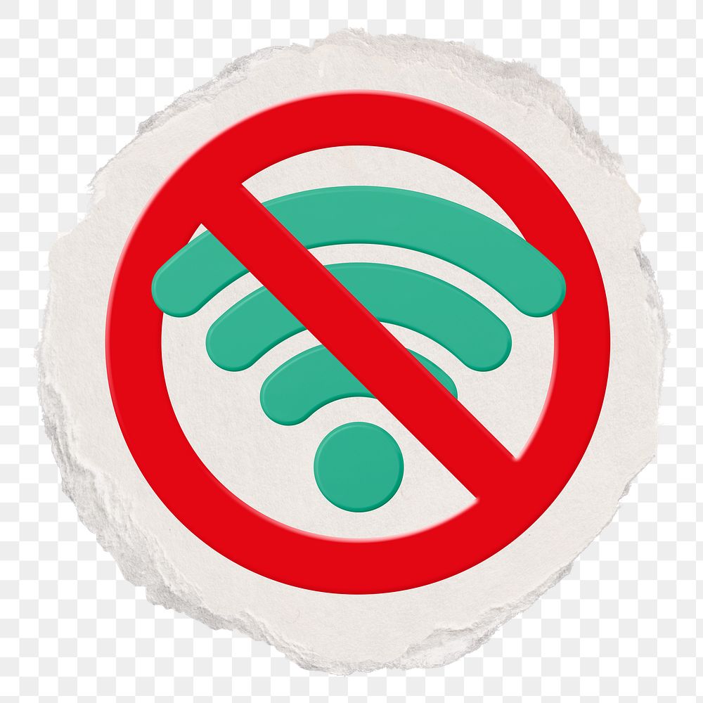 No wifi png symbol, forbidden sign on transparent background, ripped paper badge