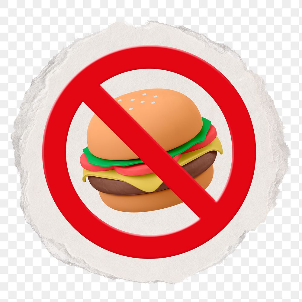 No food png symbol, forbidden sign on transparent background, ripped paper badge