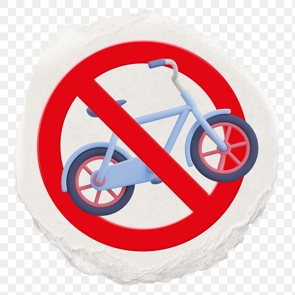 No bicycle png symbol, forbidden sign on transparent background, ripped paper badge