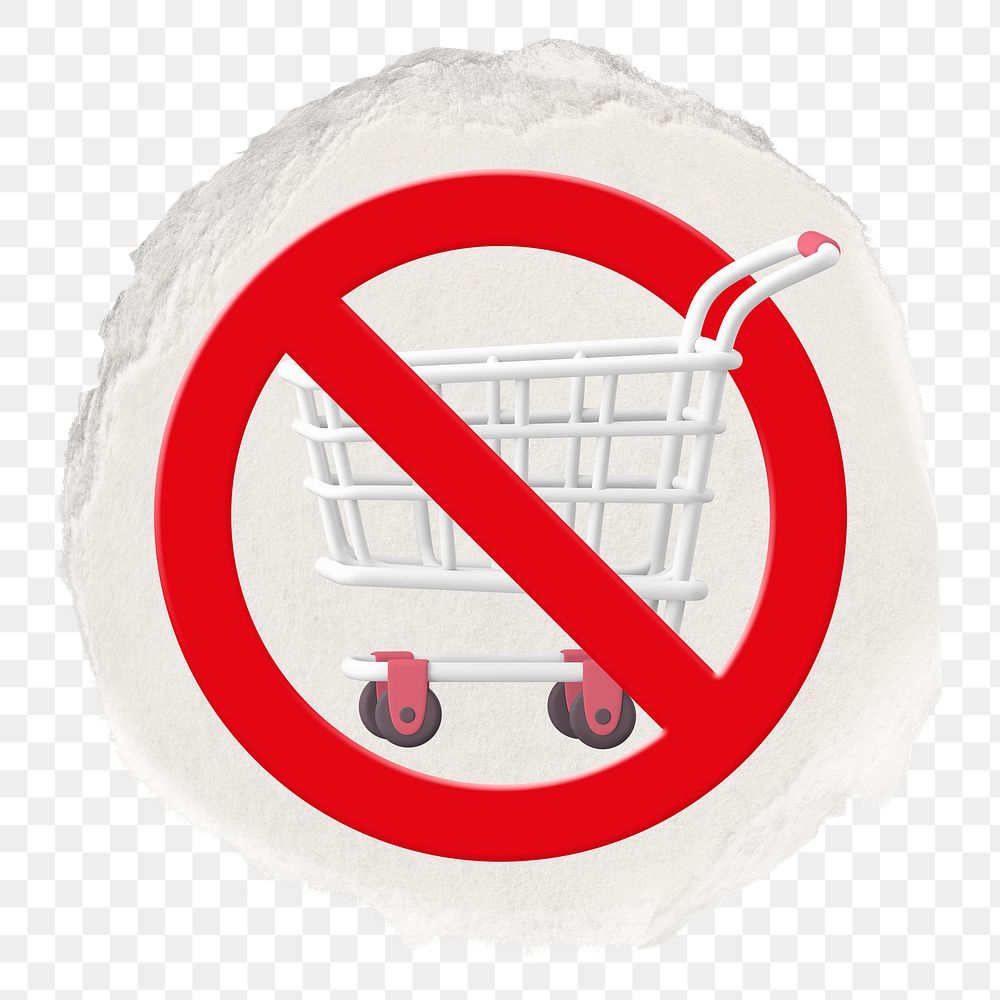 No shopping cart png symbol, forbidden sign on transparent background, ripped paper badge