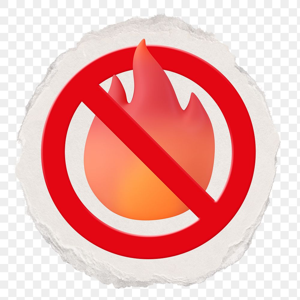 No fire png symbol, forbidden sign on transparent background, ripped paper badge