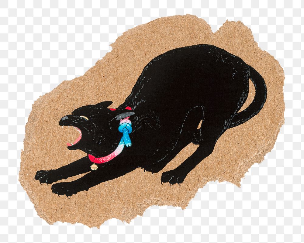 Png black cat sticker, Hiroaki Takahashi's vintage illustration on ripped paper, transparent background