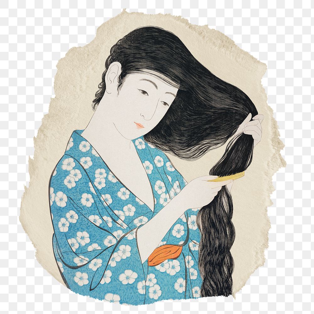 Png Hashiguchi's Woman Combing Her Hair sticker, vintage illustration on ripped paper, transparent background
