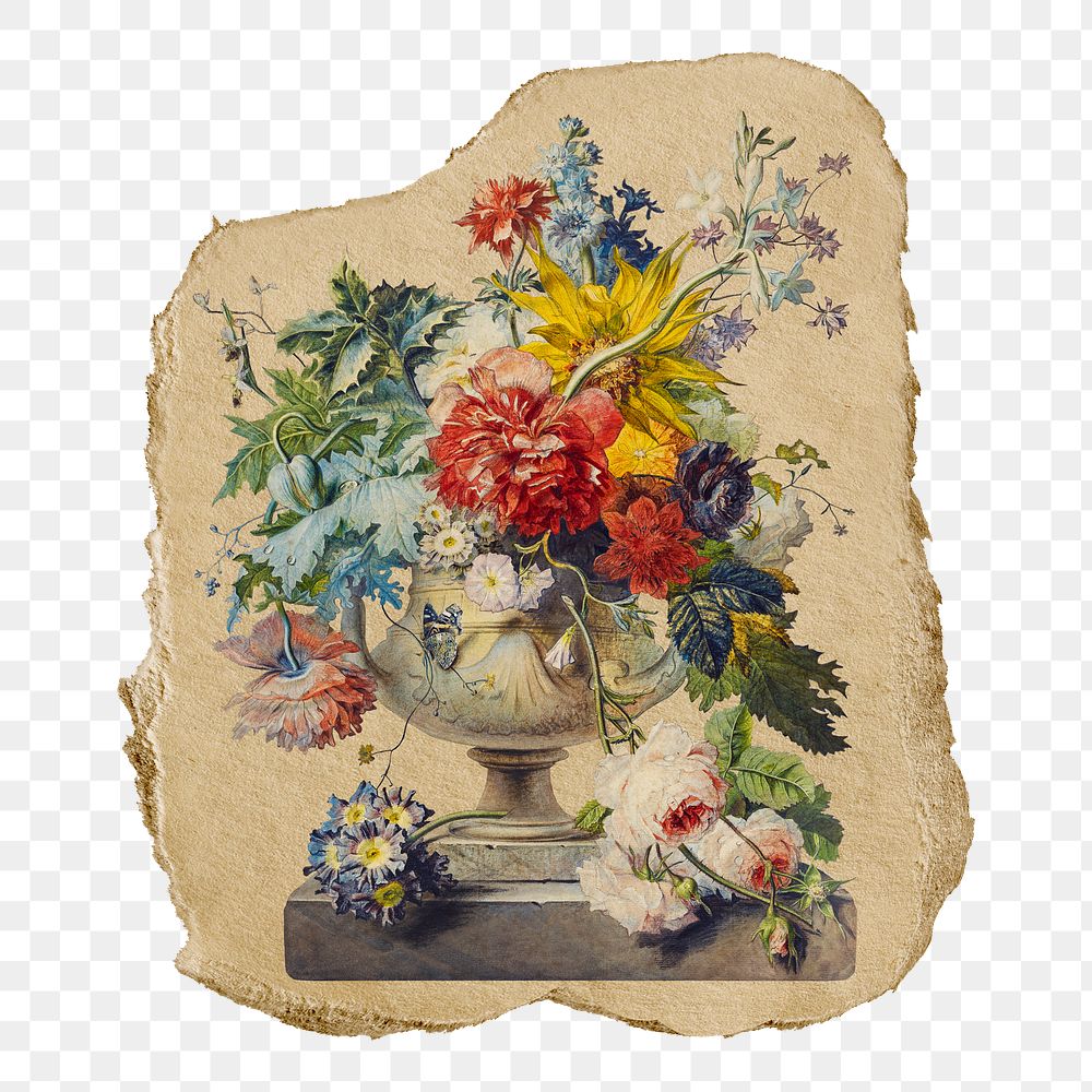 Png Johannes van os's flowers in vase sticker, vintage illustration on ripped paper, transparent background