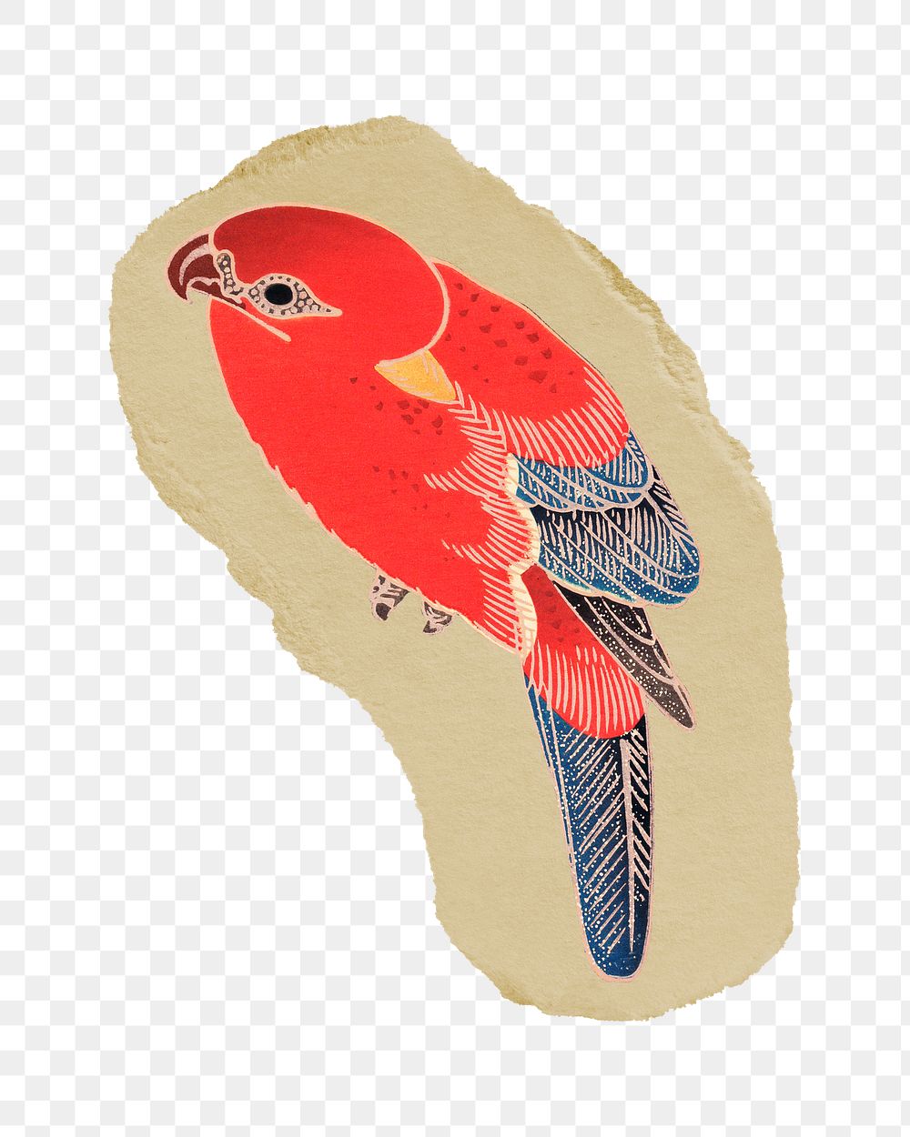 Png red parrot sticker, Japanese vintage illustration on ripped paper, transparent background